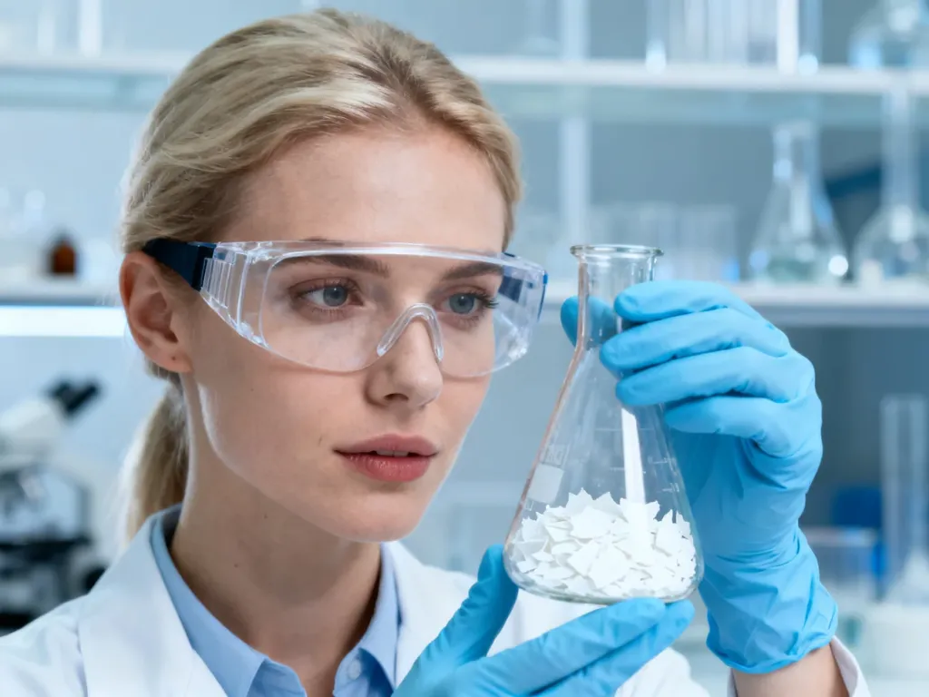 Kobieta w okularach ochronnych i rękawicach ostrożnie przesypuje płatki sody kaustycznej do szklanej zlewki w laboratorium.